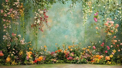 A vibrant floral backdrop with a variety of flowers and greenery against a textured blue wall.