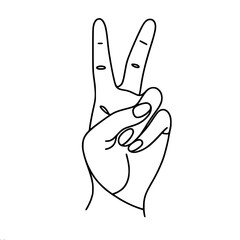 Obraz premium A single-line vector drawing of a hand, with the index and middle fingers raised and spread and the thumb touching the tips of the ring and little fingers, symbolizes the “peace” or “victory” gesture.