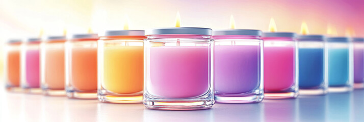 A row of colorful candles, lit and ready to create a relaxing atmosphere.