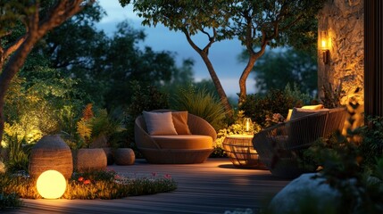 Cozy outdoor seating area illuminated at night, surrounded by lush greenery.
