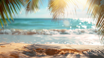 Beautiful wide paradise beach with golden sand and palm leaves in blur