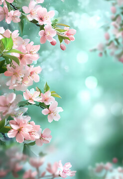 Beautiful blurred spring background nature with blooming glade, trees and blue sky on a sunny day spring poster template with large copy space for text