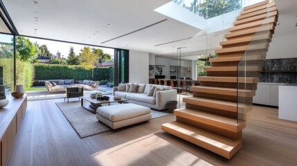 Modern living room with a staircase, large windows, and a view of greenery outside.