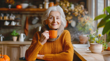 Elderly woman, enjoying coffee, cozy kitchen, autumn morning, peaceful relaxation, serene atmosphere, steaming cup, vintage decor, warm sunlight, comfort concept
