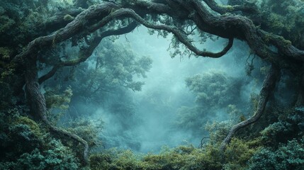 A Misty Forest Framed by Ancient Twisted Branches