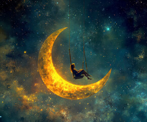 Sitting and hustling on the Crescent Moon girl, in the background the night sky full of stars. AI generative.