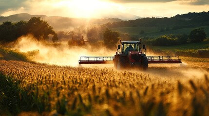 Fototapeta premium Agricultural equipment spraying a field with crop
