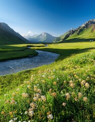 Lush Green Valley With a Slow-Moving River Winding Through Flower-Filled Meadows, Beneath Towering Mountains and Clear Blue Skies, in a Tranquil Morning Light