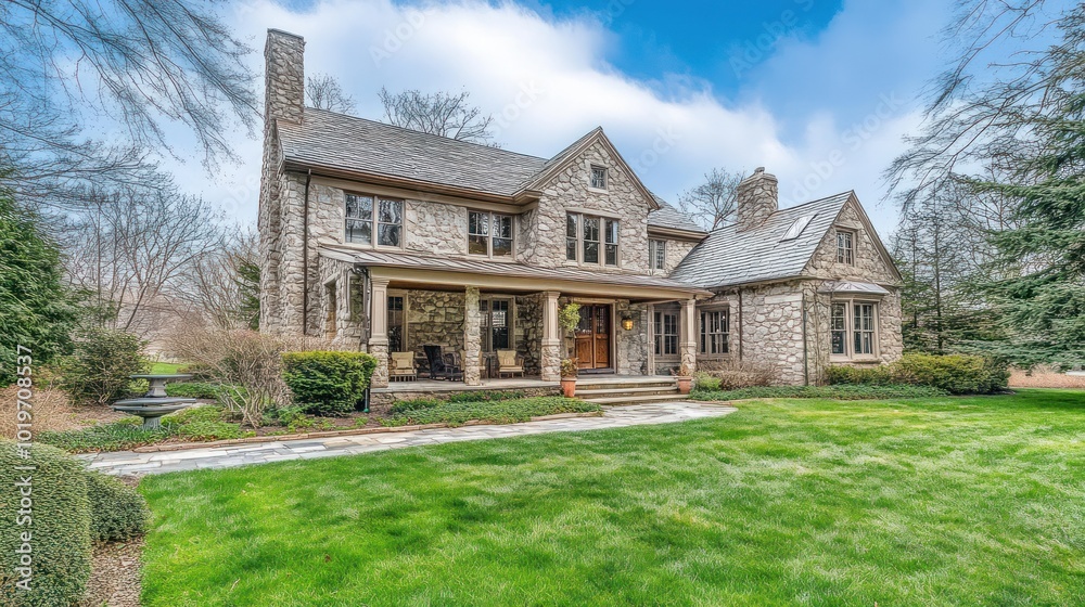 Wall mural A charming stone house with a well-maintained lawn and landscaped surroundings.