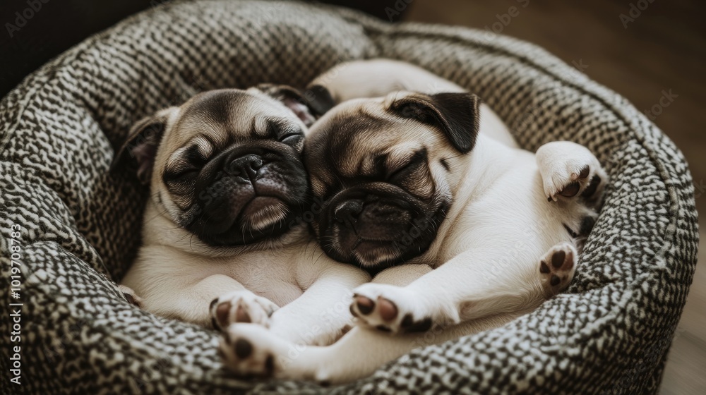 Sticker Two adorable pug puppies sleeping together in a cozy bed.