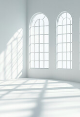 Obraz premium Abstract White Studio Background for Product Presentation with Window Shadows and Sunlight Blurred Backdrop Empty Room With Copy Space