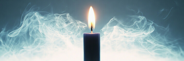 A single candle burns brightly, surrounded by wispy smoke.