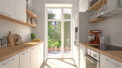 Bright kitchen with wooden accents and a view of a garden through glass doors.