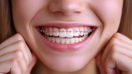 Fototapeta premium A smiling teenager holding before-and-after photos, showcasing their new, straight teeth after braces removal, bright natural lighting, candid, close-up shot, Photorealistic