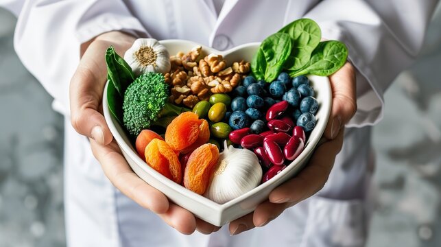 Healthcare professional holding heart-shaped bowl of nutrient-rich foods emphasizing balanced diet for cardiovascular health