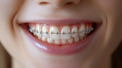 Fototapeta premium Visual journey of a patient with braces, from crooked and overlapping teeth before to a beautifully straightened smile after braces removal