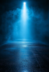 A dark empty street dark blue background an empty dark scene neon light spotlights the asphalt floor and studio room with smoke float up the interior texture