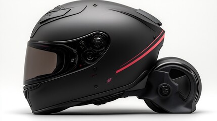 Single motorcycle helmet isolated on a bright white surface minimalist and rugged design
