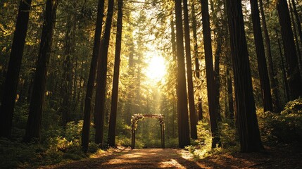 Obraz premium A serene forest scene with sunlight filtering through tall trees, featuring a wedding arch.