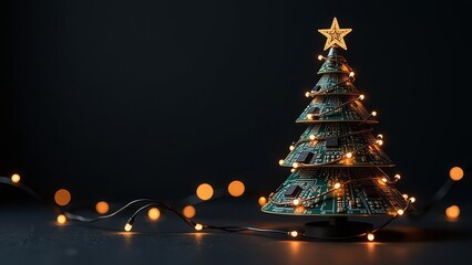 IT Christmas tree made of microcircuits, boards and wires over black background. Technology banner with copy space. Greeting card for sysadmin or engineer for Xmas and New Year holidays celebration.