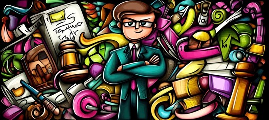Obraz premium A stylized character in a suit stands amidst a vibrant, chaotic background of various objects.