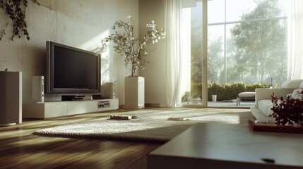 A bright, modern living room with a TV, plants, and natural light.