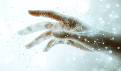 Fototapeta premium Abstract concept of a hand touching a digital network with carbon molecules and abstraction on a white background, a futuristic technology business connection idea, global world communication data tra