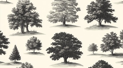 Fototapeta premium Monochromatic Illustration of Various Trees on White Background