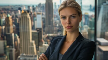 Fototapeta premium Photo of a confident woman in a powerful pose. A woman in business attire stands confidently with her arms crossed and looks out over a bustling city view. Her gaze is focused and her pose exudes powe
