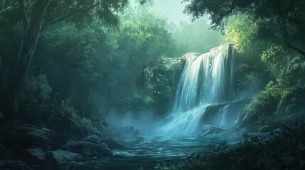 A lush waterfall cascades in the heart of a green forest, creating a serene and tranquil natural landscape.