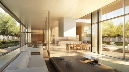 Modern interior design featuring an open space with natural light and minimalist furnishings.
