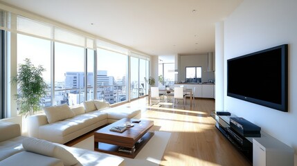 Fototapeta premium A bright, modern living room with large windows and a view of the city.