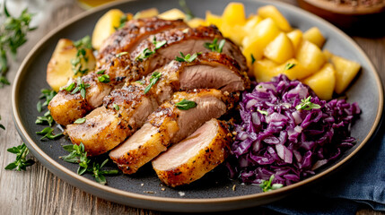 Duck fillet,red cabbage and apple mousse. AI generative.