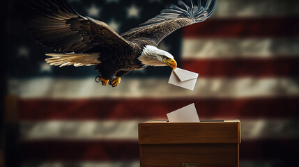 An eagle soaring and depositing an envelope in a ballot box, with an American flag background