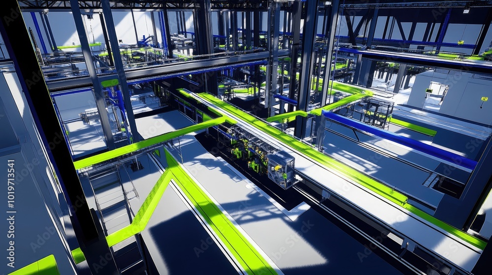 Poster dynamic visualization of a smart factory with robotic transportation systems, highlighting the enhan