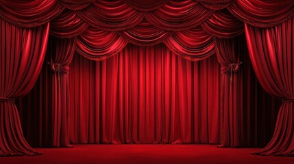 A luxurious red velvet stage curtain ready for a performance or theatrical presentation.