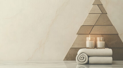 Two lit candles and a rolled towel in a spa-like setting.