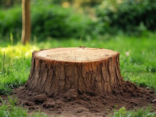 Fototapeta premium A tree stump surrounded by grass in a natural setting.