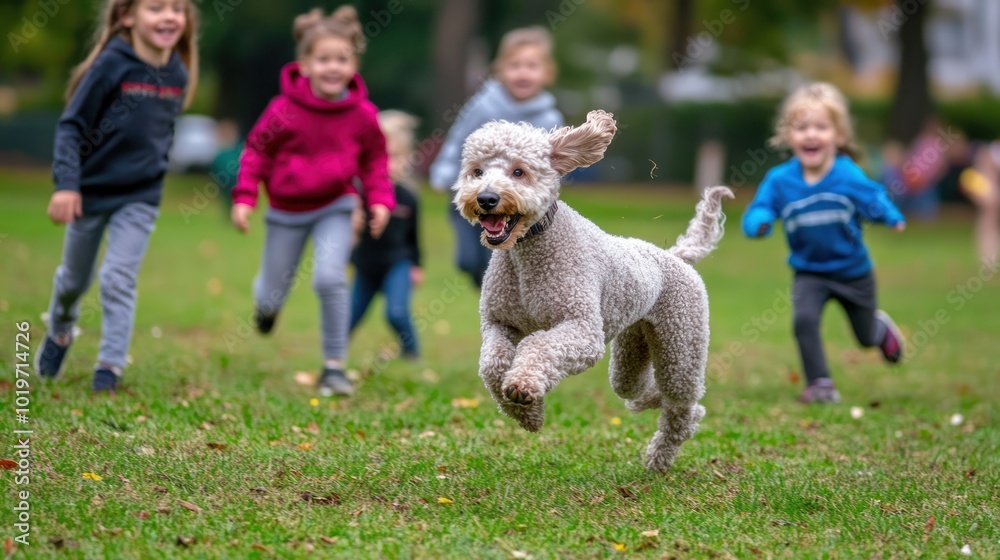 Wall mural A playful dog runs joyfully in a park while children chase after it, enjoying their time outdoors.