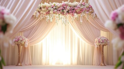 Elegant wedding backdrop with floral arrangements and soft drapery.
