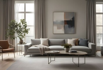 Fototapeta premium A modern and minimalist living room with a gray sectional sofa, a large abstract painting on the wall, and a coffee table with metal frames.