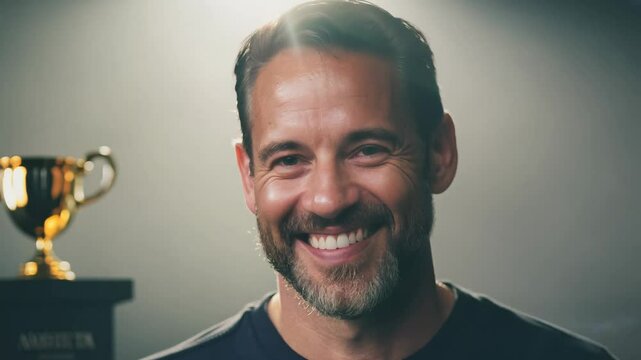 Close-up video of a middle-aged man with a beard, expressing pride with soft, diffused lighting and static camera movement.