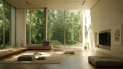 Fototapeta premium A serene modern living space with large windows overlooking a lush forest.