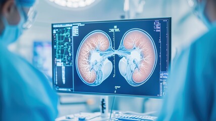 Kidney Transplant Surgery: Surgeons reviewing detailed CT scan of kidneys during a crucial operation. Precision and focus are paramount in this high-stakes medical procedure.
