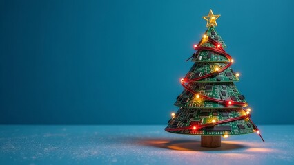 IT Christmas tree made of microcircuits, boards and wires over blue background. Technology banner with copy space. Festive mood of Xmas and New Year holidays celebration in tech