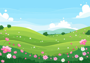 Green hills with pink and white flowers  
