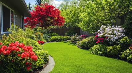 Naklejka premium A vibrant garden scene featuring colorful flowers, lush grass, and a serene pathway.