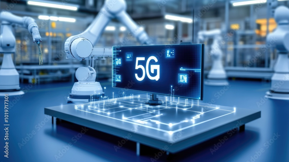 Poster futuristic smart factory layout with interconnected robotic systems, illustrating how 5g connectivit