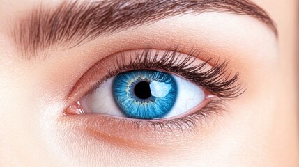 Obraz premium Beautiful blue eye close-up featuring long eyelashes, smooth skin, and perfectly styled eyebrows. Empty space for text, showcasing vision and contact lenses.
