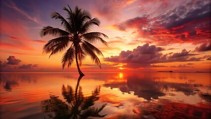 Beautiful silhouette of palm tree against red sunset with reflection on sea, taken from low angle